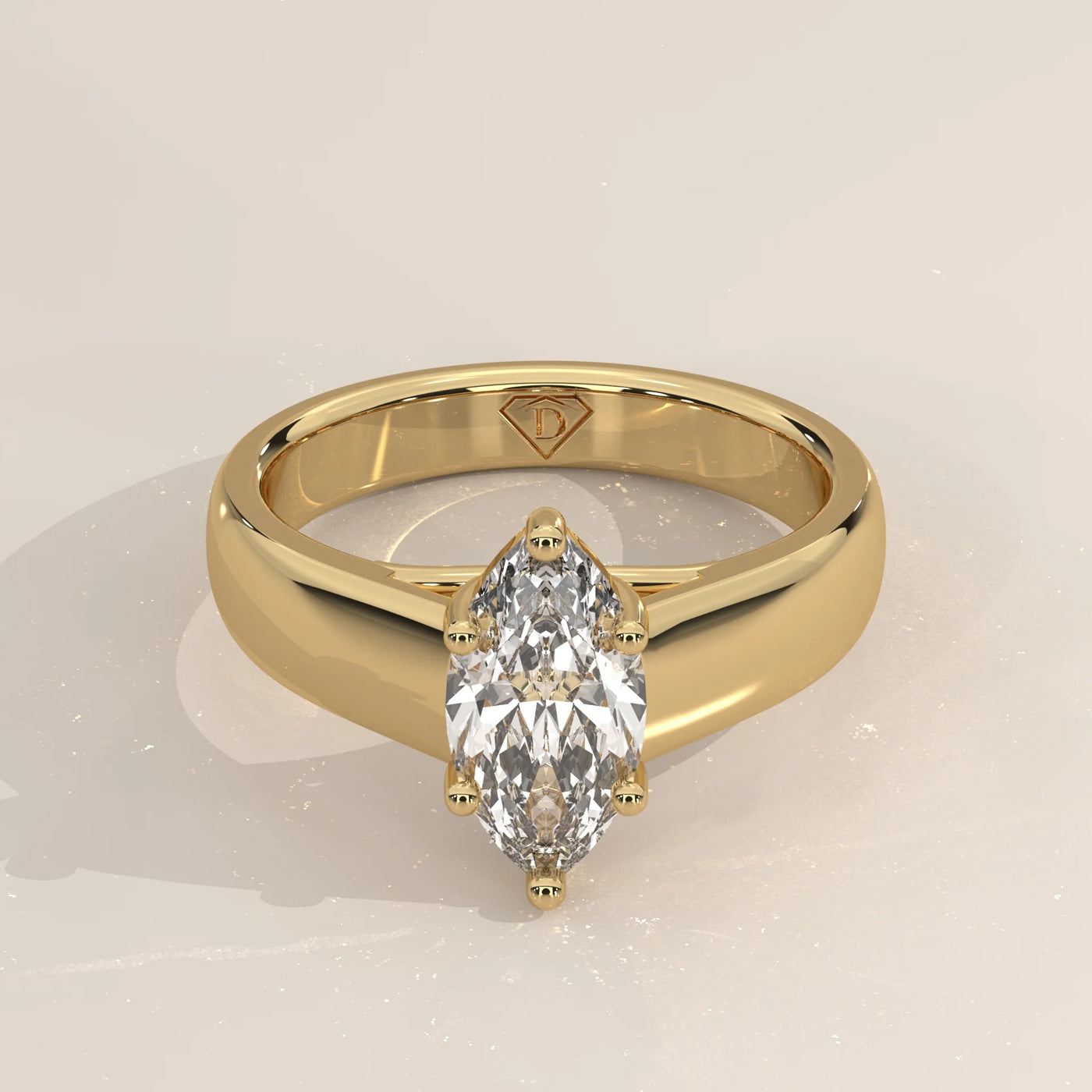 Three-Quarter View: Marquise Diamond Engagement Ring with Solitaire Setting in Yellow Gold – Lab Grown – Driona Jewels