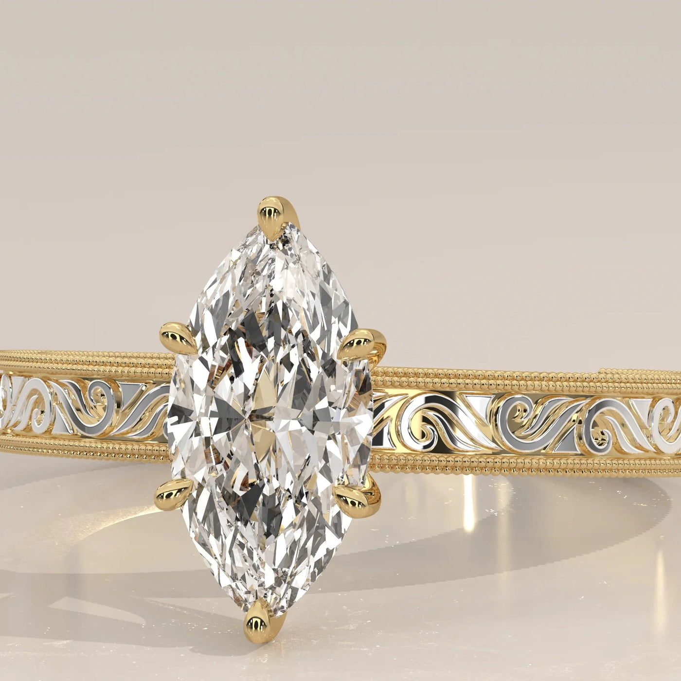 Side Profile: Marquise Diamond Ring with Solitaire Setting in Yellow Gold – Lab Grown – Driona Jewels