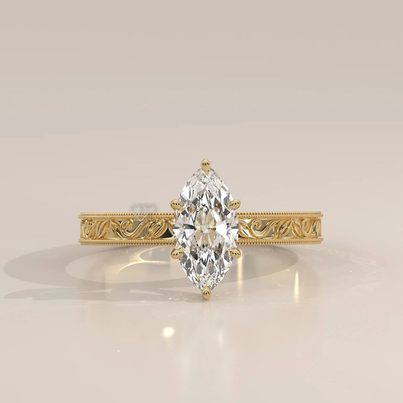 Front View: Marquise Diamond Ring with Solitaire Setting in Yellow Gold – Lab Grown – Driona Jewels