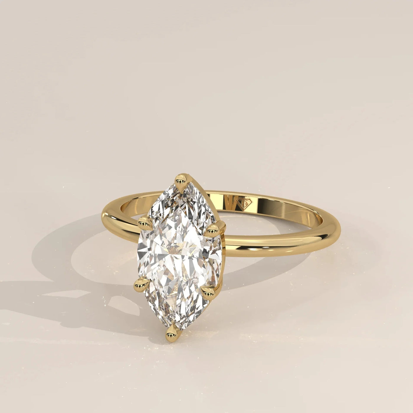 Angle View: Marquise Diamond Ring with Solitaire Setting in Yellow Gold – Lab Grown – Driona Jewels