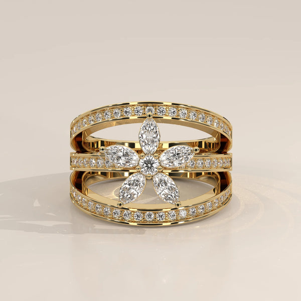Side Profile: Marquise Diamond Ring with Cluster Setting in Yellow Gold – Lab Grown – Driona Jewels