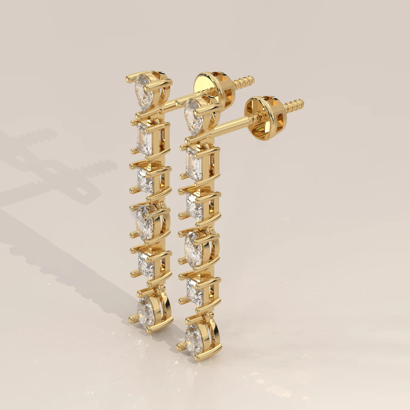 Three-Quarter View: Round Diamond Drop Earrings with Prong Setting in Yellow Gold – Lab Grown – Driona Jewels