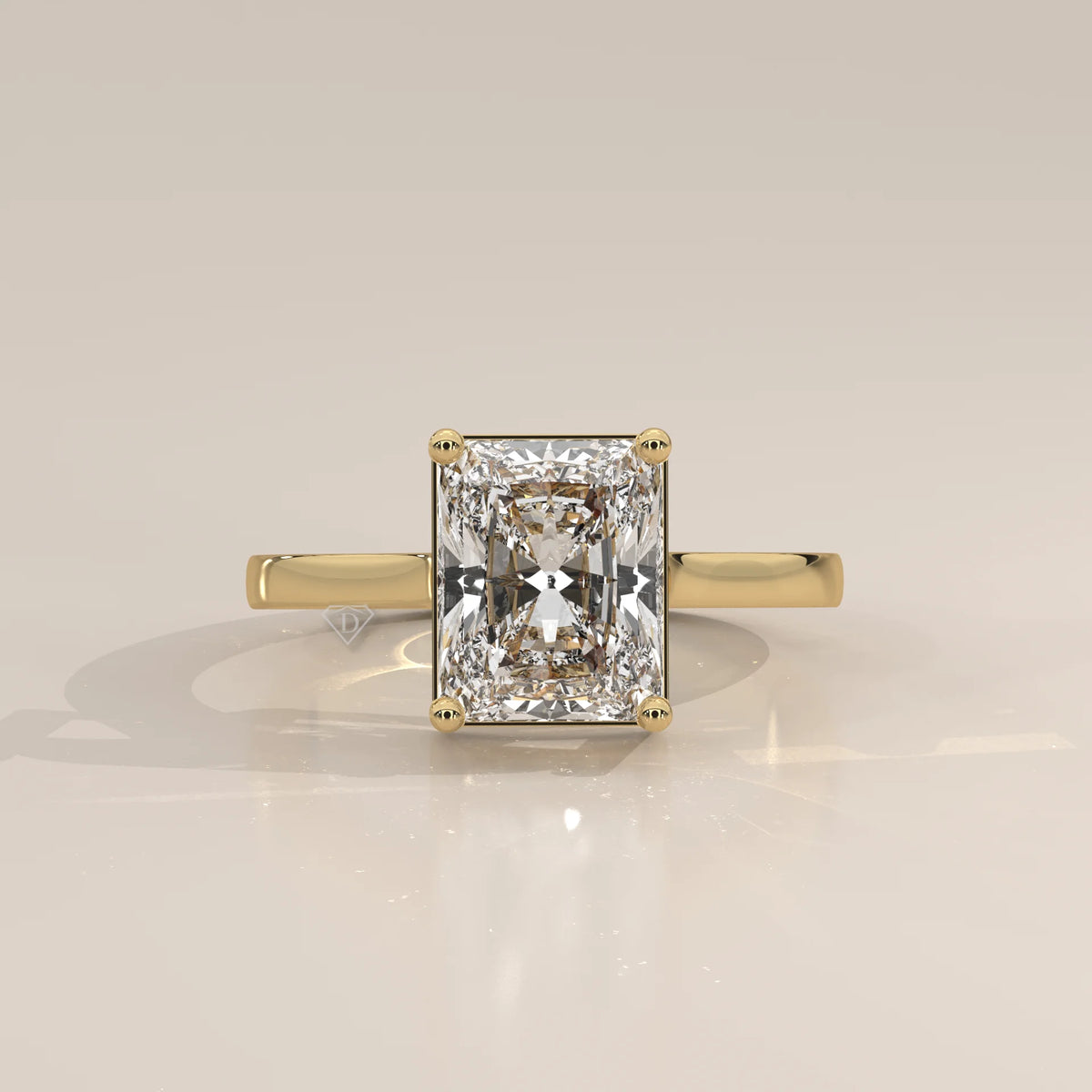 Nachel 5 Carat Radiant Lab Grown Diamond Solitaire Ring, Plain Band in yellow gold, photographed head-on.