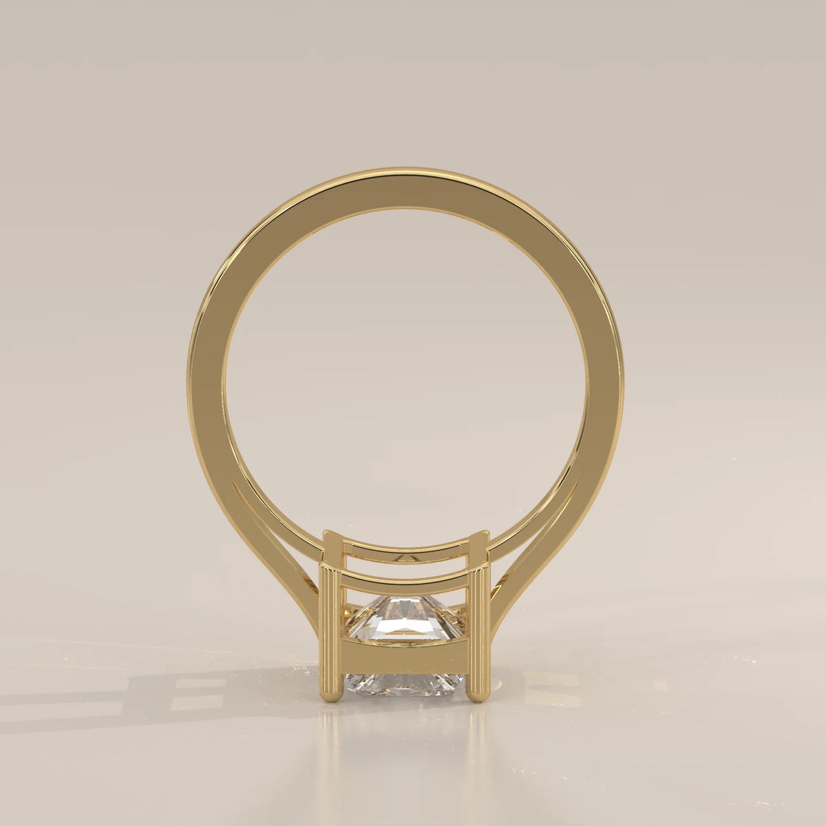 Nachel 5 Carat Radiant Lab Grown Diamond Solitaire Ring, Plain Band in yellow gold, side profile view.