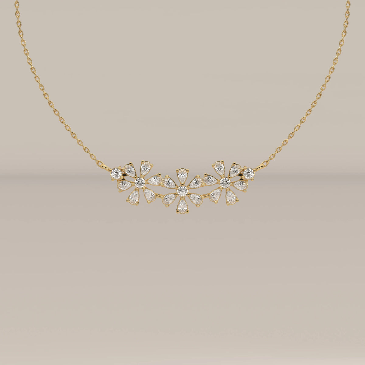A floral lab grown diamond cluster pendant bar design in yellow gold, shown from the front.