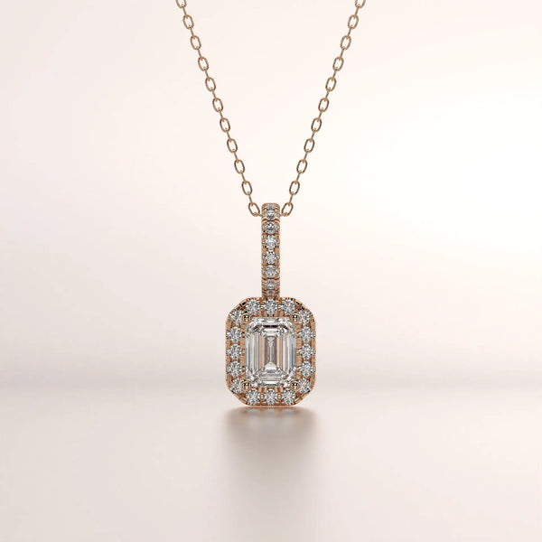 Front-view: Emerald Cut Diamond Necklace with Halo Setting in 14k Rose Gold - Lab Grown - Driona Jewels