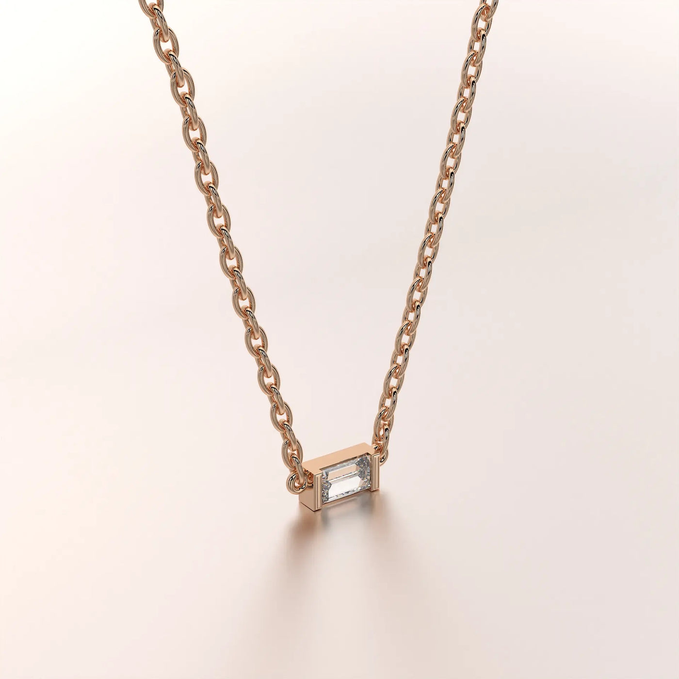 Angle View: Emerald Diamond Necklace with Bezel Setting in 14k Rose Gold - Lab Grown - Driona Jewels