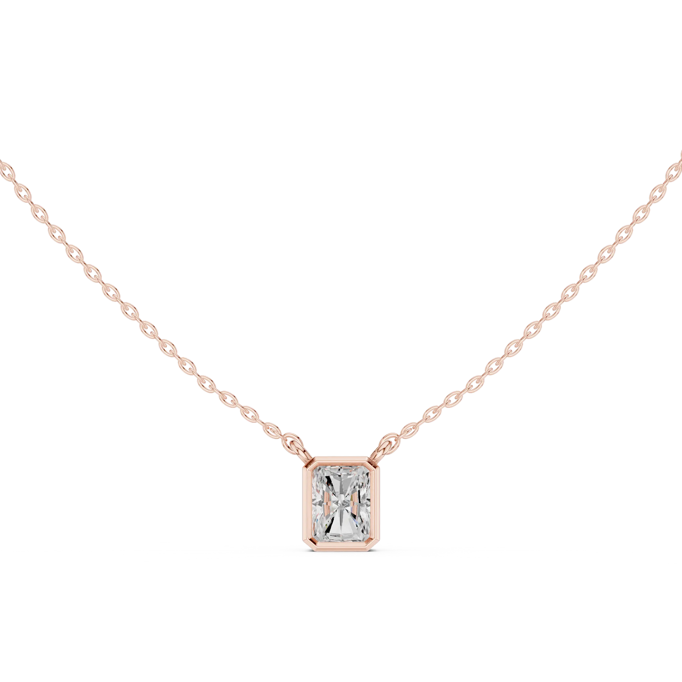 Front-view: Emerald Cut Diamond Necklace with Bezel Setting in 14k Rose Gold - Lab Grown - Driona Jewels