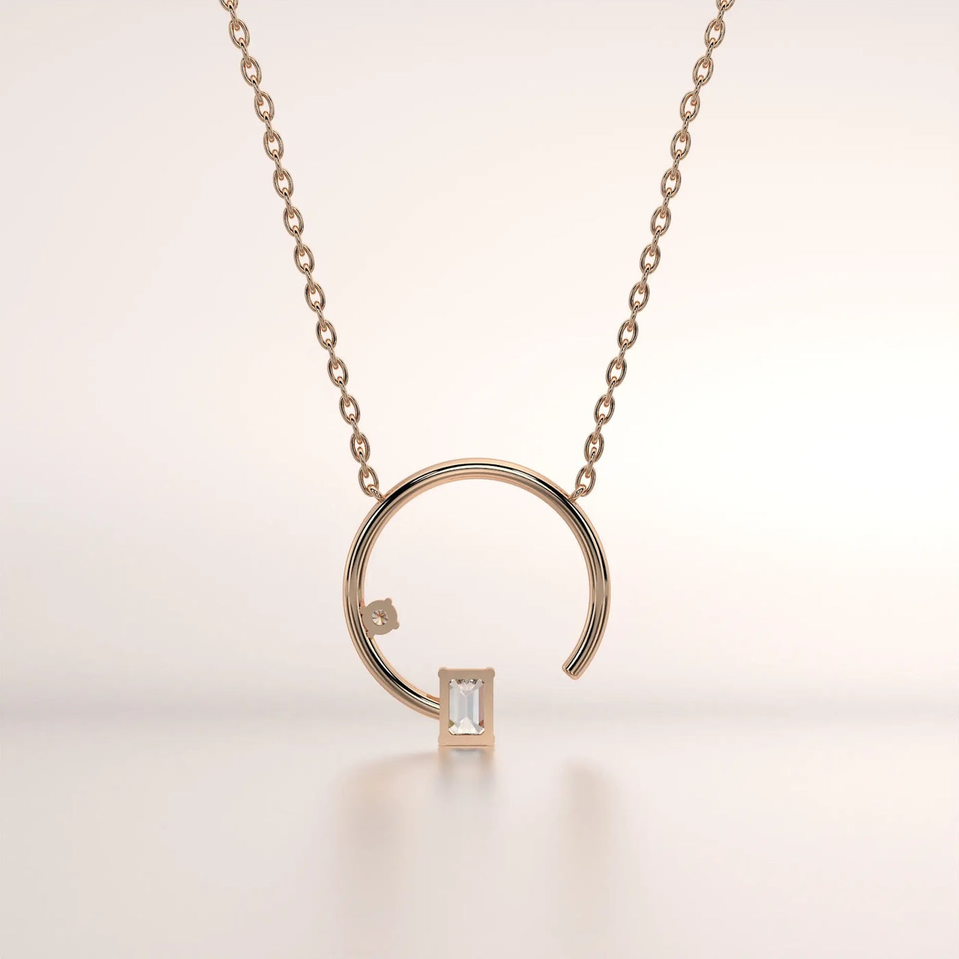 Front-view: Emerald Diamond Necklace with Bezel Setting in 14k Rose Gold - Lab Grown - Driona Jewels