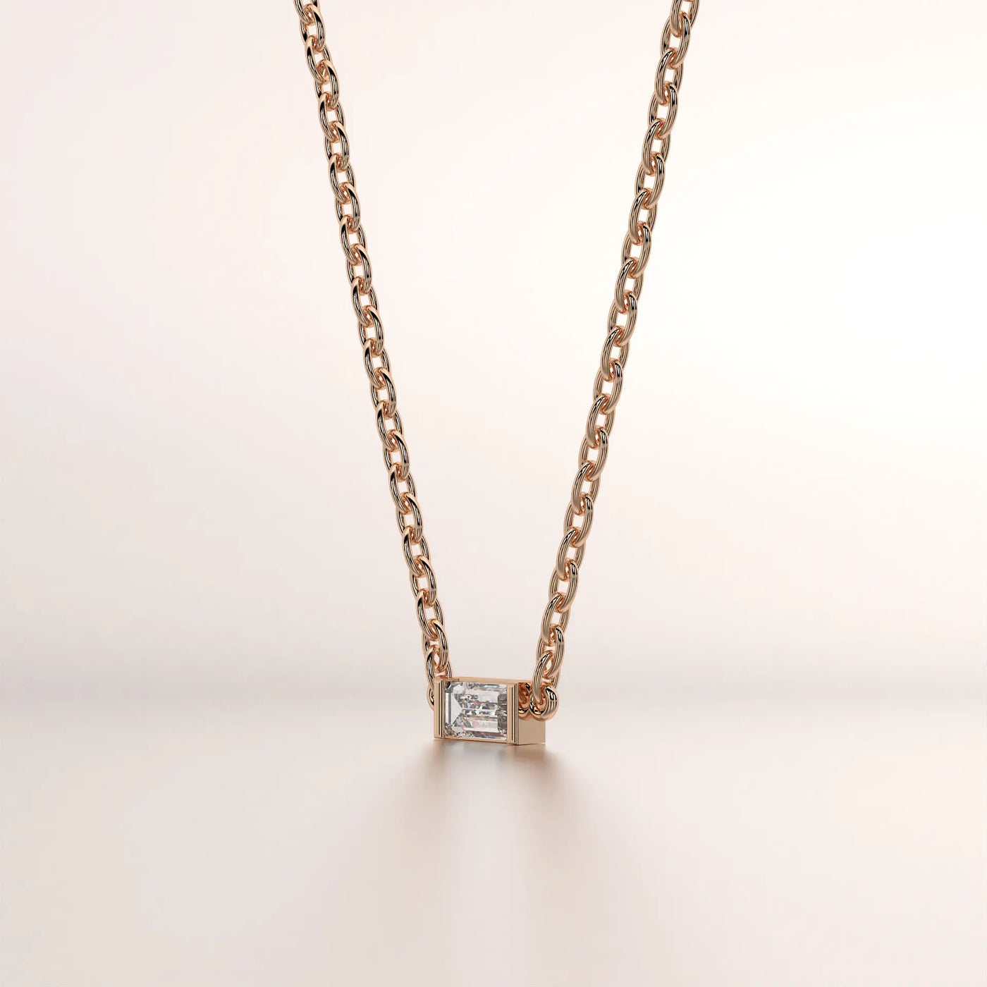 Front-view: Emerald Diamond Necklace with Bezel Setting in 14k Rose Gold - Lab Grown - Driona Jewels