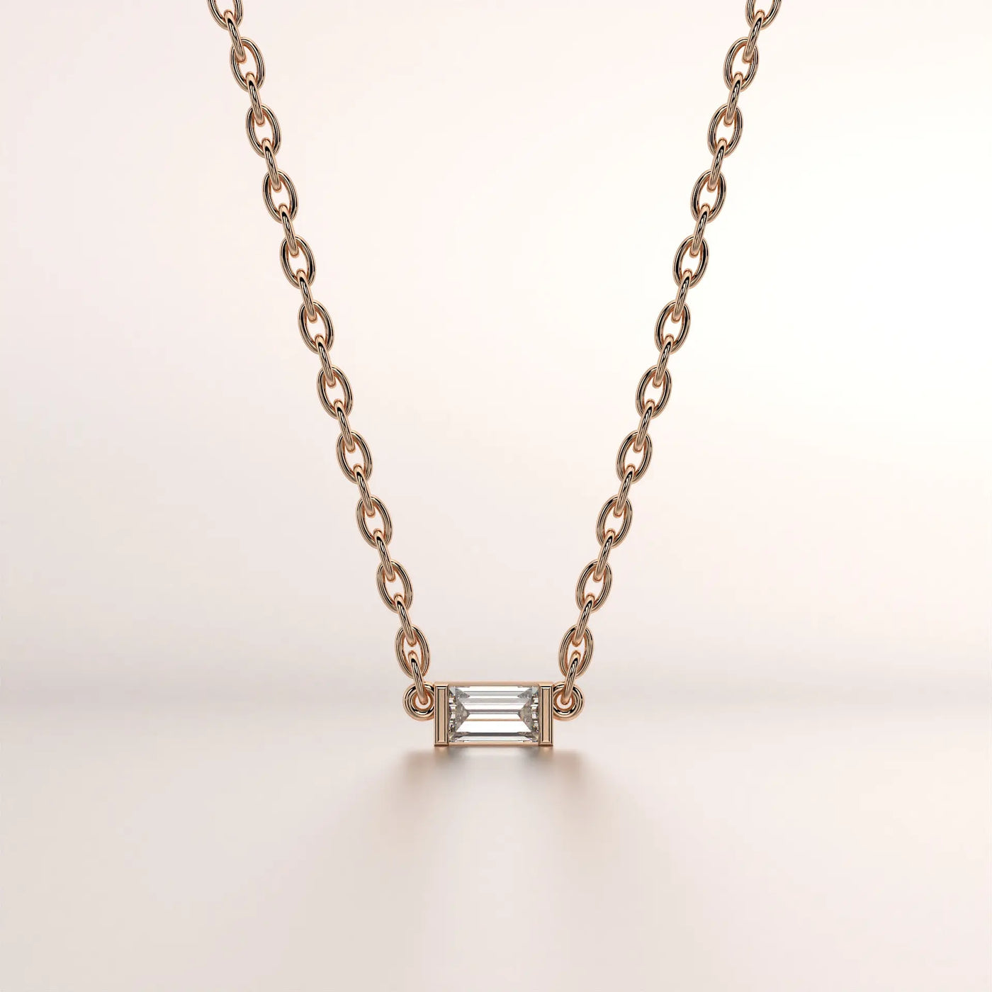 Front-view: Emerald Diamond Necklace with Bezel Setting in 18k Rose Gold - Lab Grown - Driona Jewels
