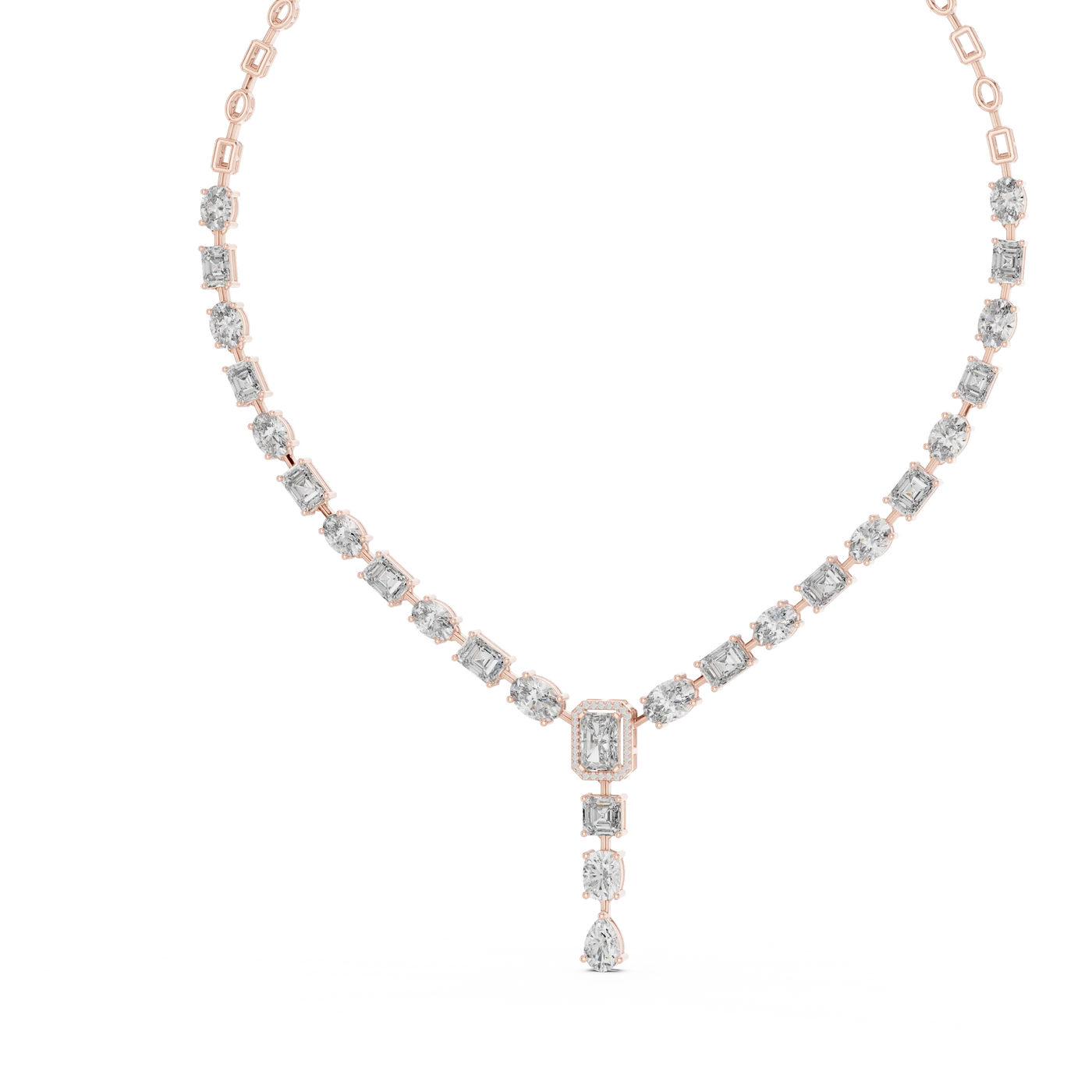 Front View: Emerald Cut Diamond Necklace with Pave Setting in 14k Rose Gold - Lab Grown - Driona Jewels
