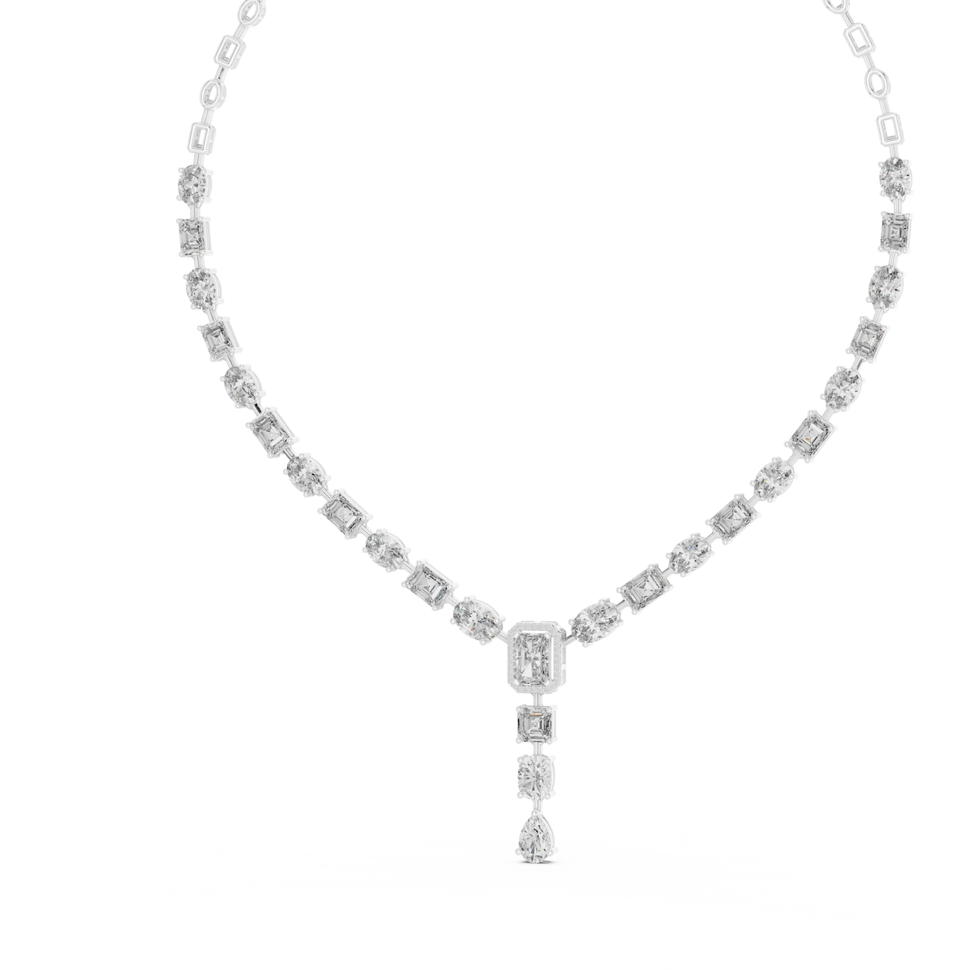 Front-View: Emerald Cut Diamond Necklace with Pave Setting in 14k White Gold - Lab Grown - Driona Jewels
