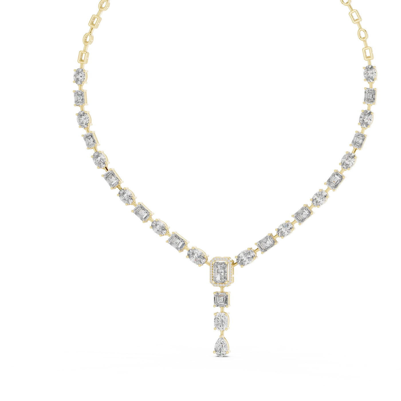 Front View: Emerald Cut Diamond Necklace with Pave Setting in 14k Yellow Gold - Lab Grown - Driona Jewels