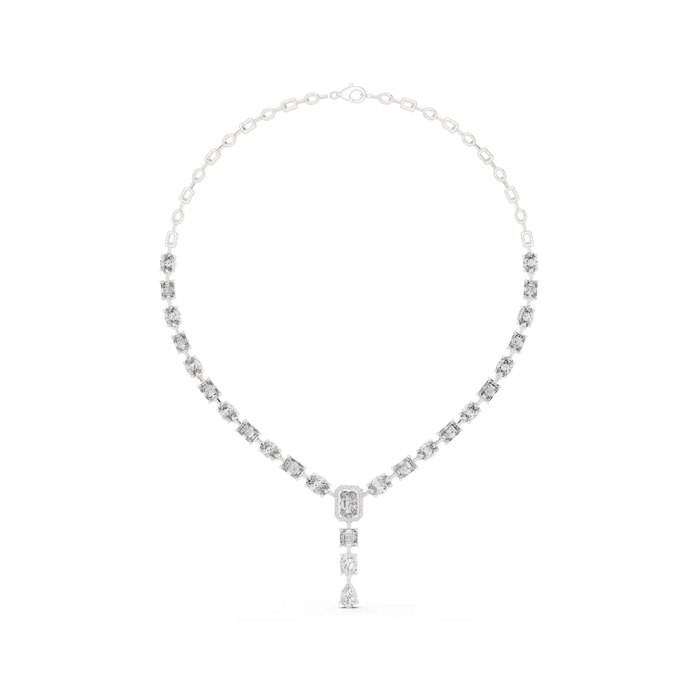 Front-view: Emerald Cut Diamond Necklace with Pendant Setting in 14k White Gold - Lab Grown - Driona Jewels