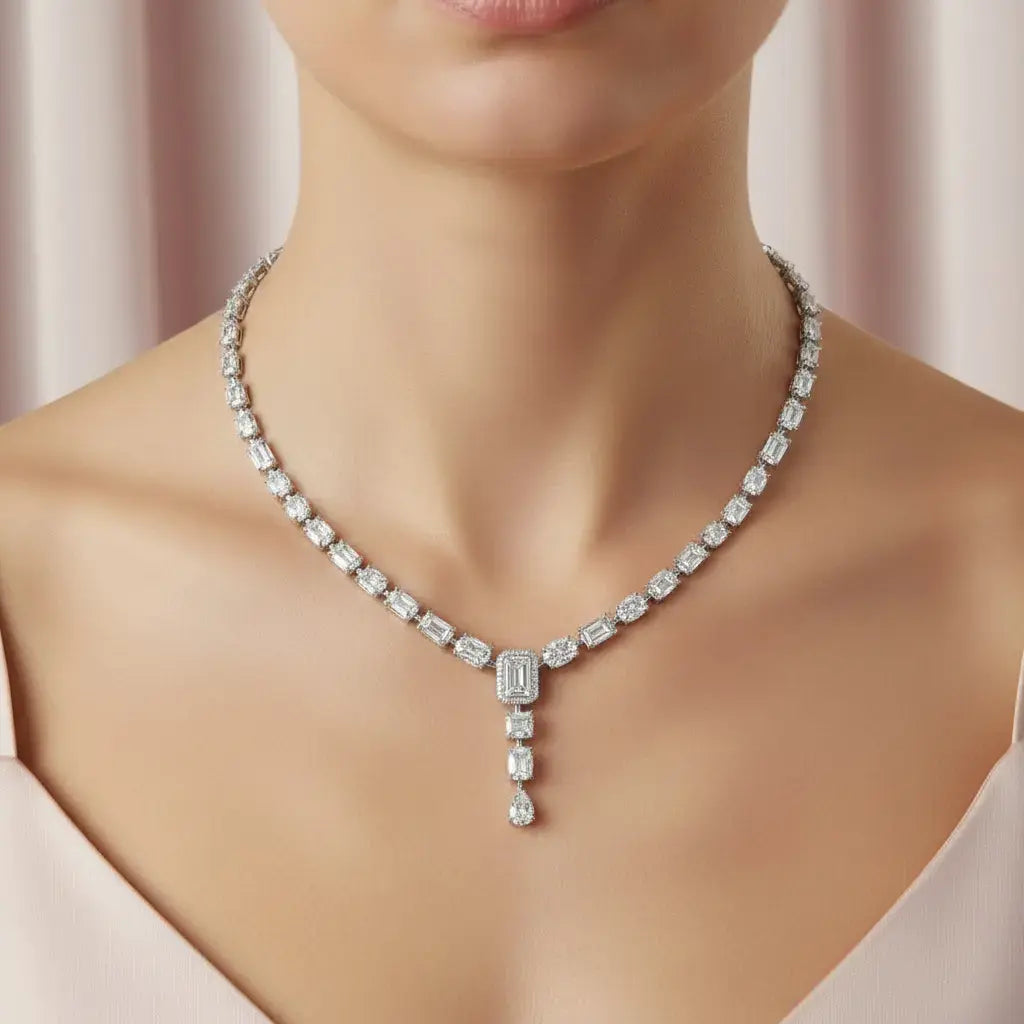 Front-view: Emerald Cut Diamond Necklace with Pendant Setting in 14k White Gold - Lab Grown - Driona Jewels