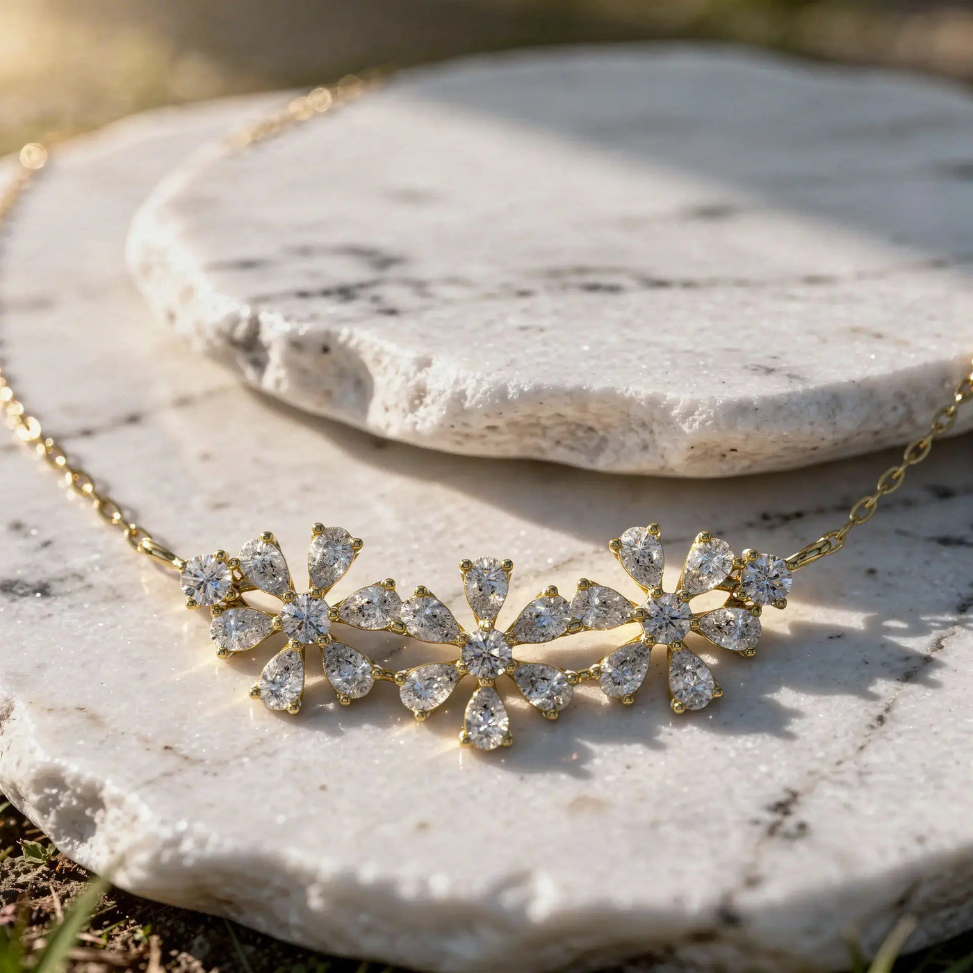 Close-up: Flower Cut Diamond Necklace with Cluster Setting in 14k Yellow Gold - Lab Grown - Driona Jewels