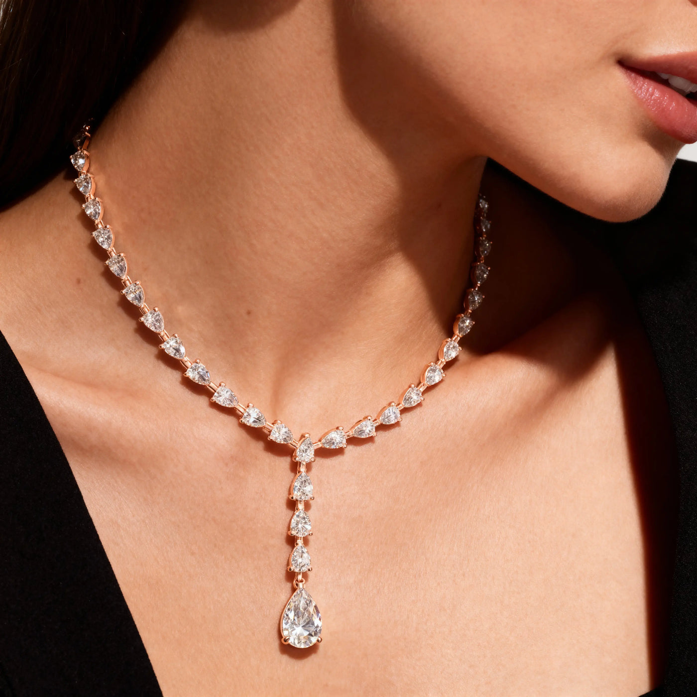 Front-view: Pear Cut Diamond Necklace with Pendant Setting in 14k Rose Gold - Lab Grown - Driona Jewels