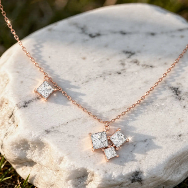 Close-up: Princess Diamond Necklace with Bezel Setting in 14k Rose Gold - Lab Grown - Driona Jewels
