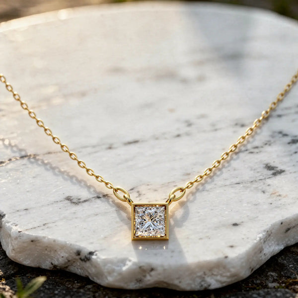 Front-view: Princess Diamond Necklace with Bezel Setting in 14k Yellow Gold - Lab Grown - Driona Jewels