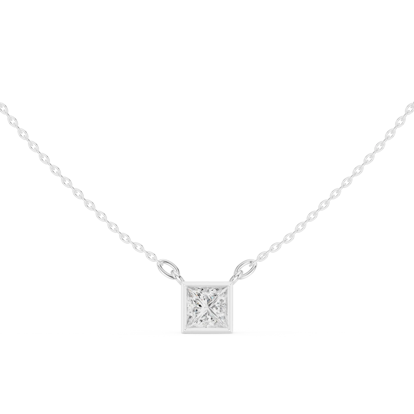 Front-view: Princess Diamond Necklace with Solitaire Setting in 14k White Gold - Lab Grown - Driona Jewels