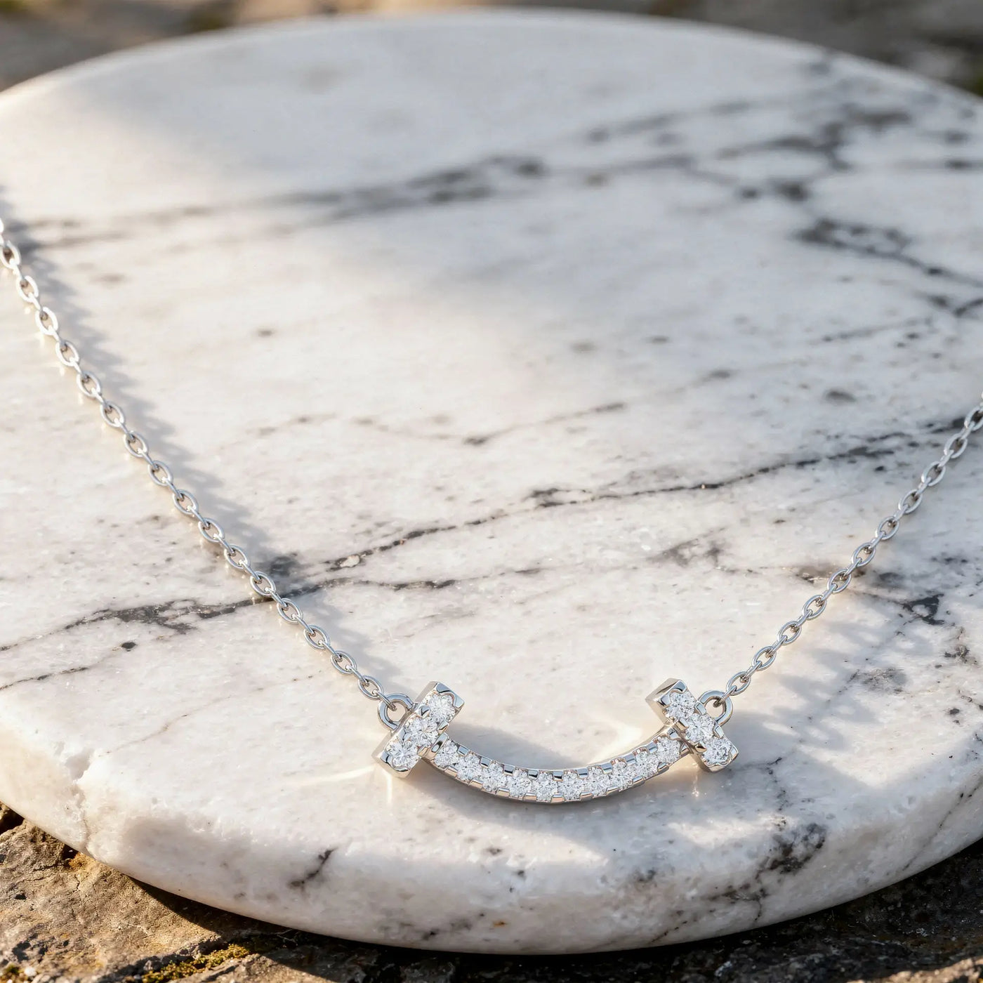 Close-up: Round Diamond Necklace with Bezel Setting in 14k White Gold - Lab Grown - Driona Jewels