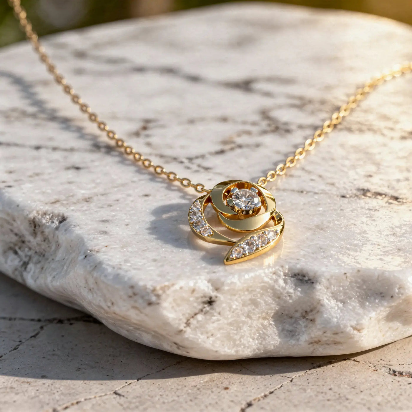 Flat Lay: Round Diamond Necklace with Bezel Setting in 14k Yellow Gold - Lab Grown - Driona Jewels