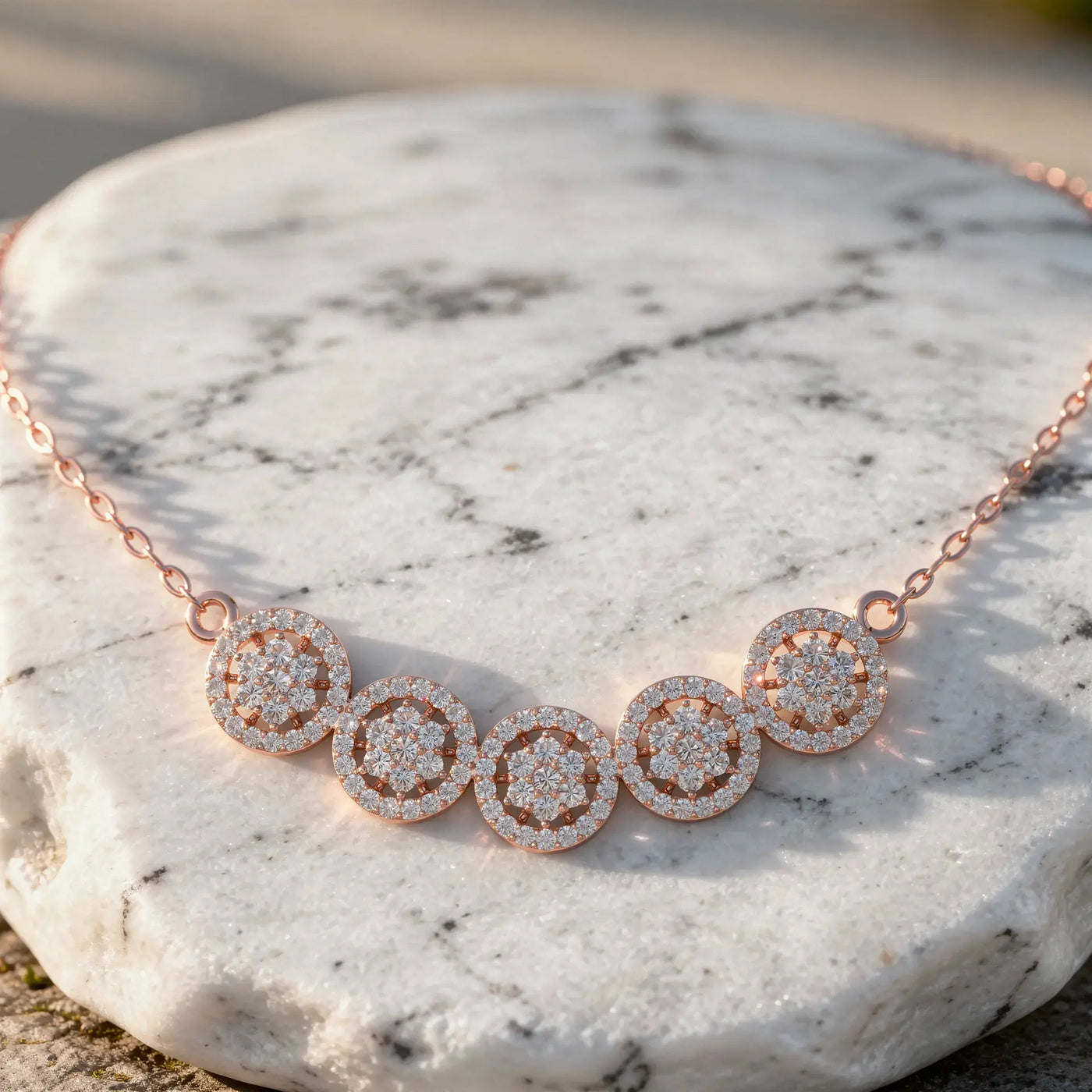 Flat Lay: Round Diamond Necklace with Halo Setting in 14k Rose Gold - Lab Grown - Driona Jewels