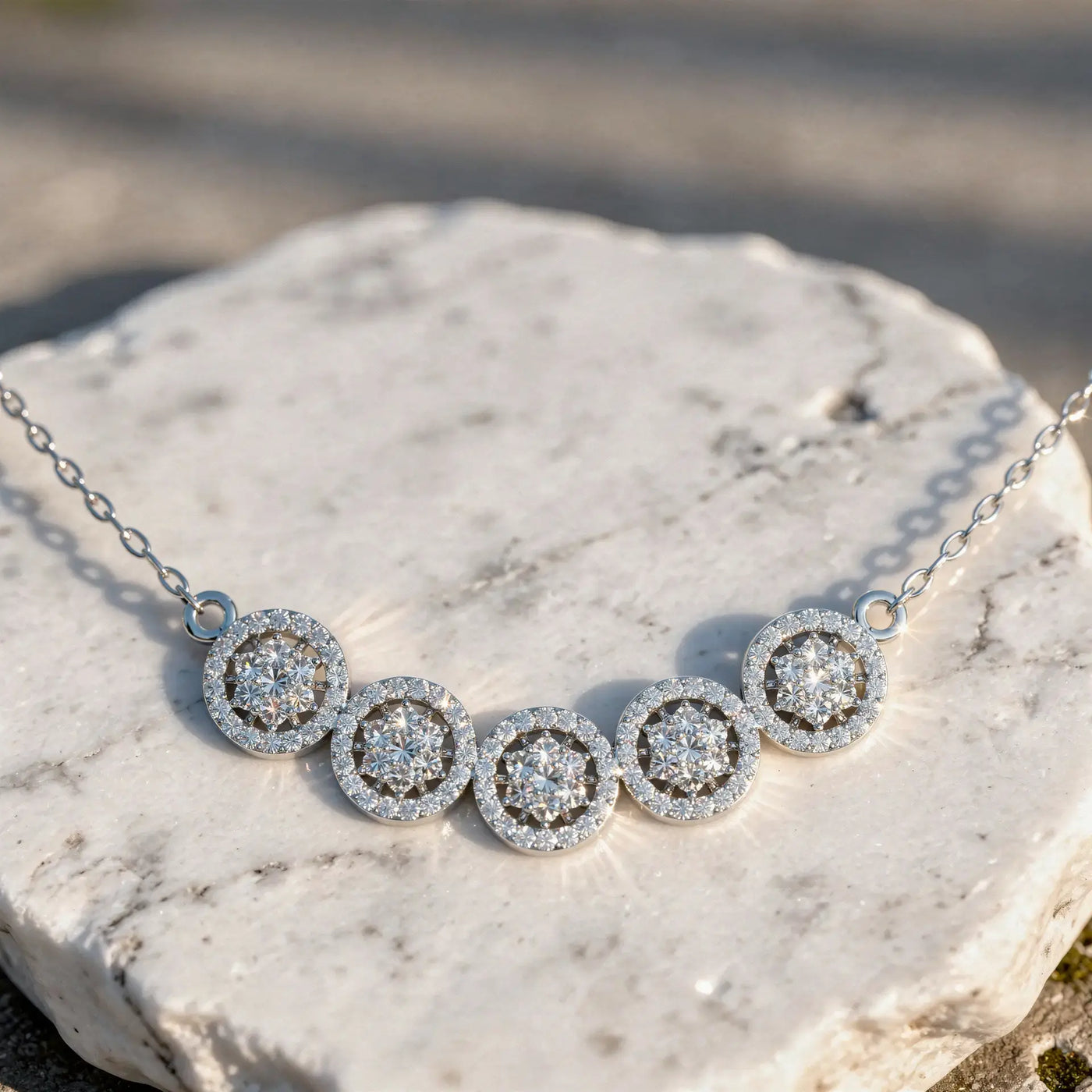 Close-up: Round Diamond Necklace with Halo Setting in 14k White Gold - Lab Grown - Driona Jewels