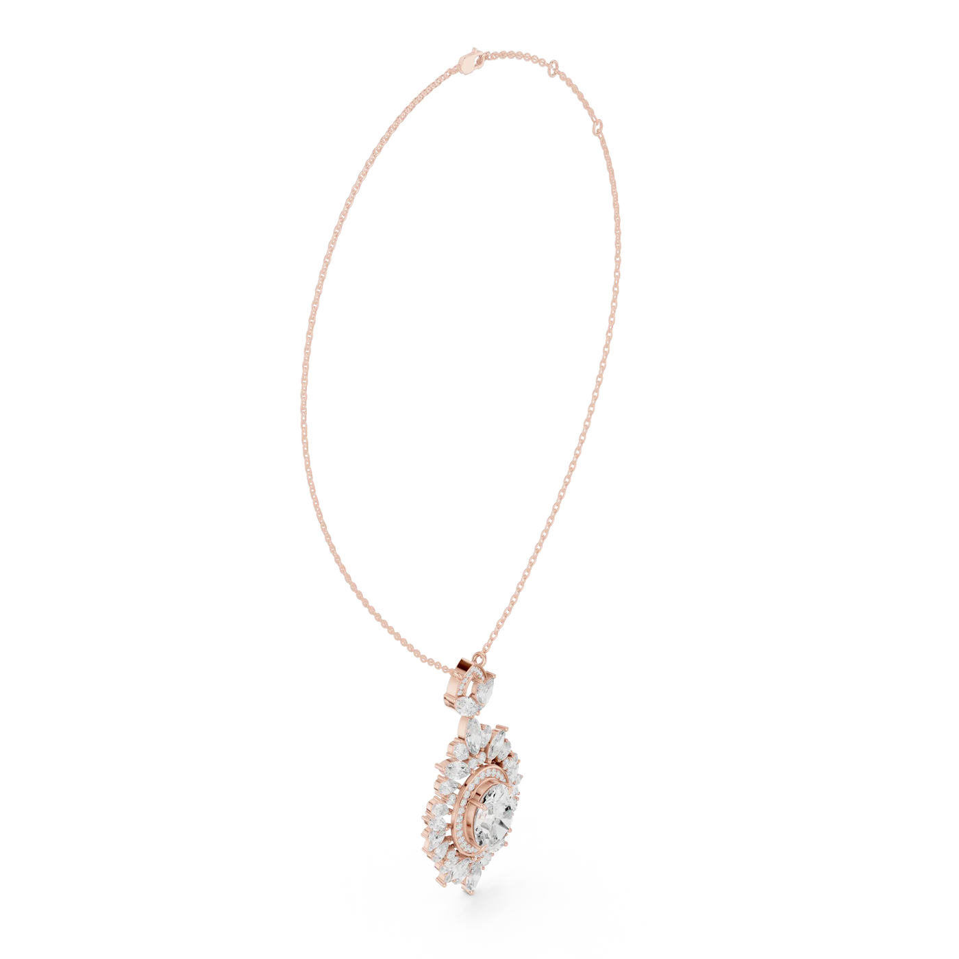 Front-View: Round Diamond Necklace with Pave Setting in 14k Rose Gold - Lab Grown - Driona Jewels