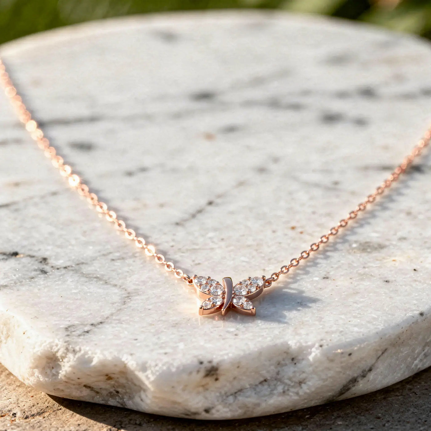 Flat Lay: Round Diamond Necklace with Prong Setting in 14k Rose Gold - Lab Grown - Driona Jewels