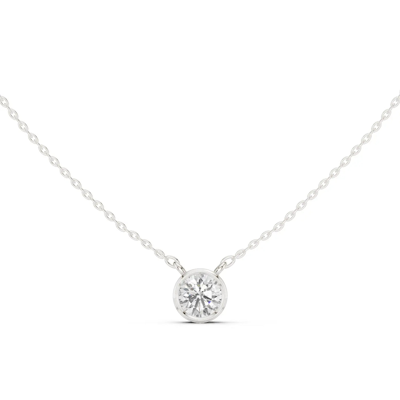 Front View: Round Diamond Necklace with Solitaire Setting in 14k White Gold - Lab Grown - Driona Jewels
