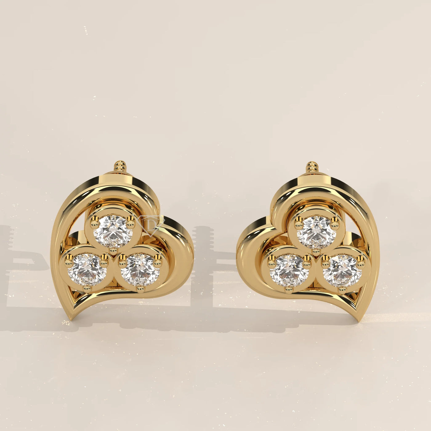 Pair Front View: Heart Diamond Stud Earrings with Cluster Setting in Yellow Gold – Lab Grown – Driona Jewels