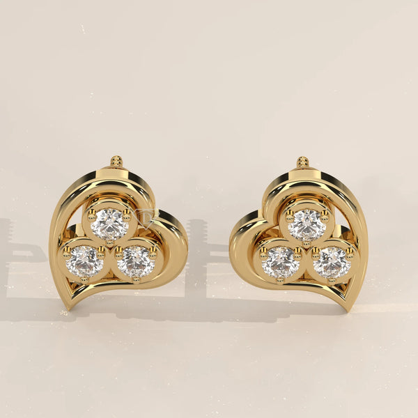 Pair Front View: Heart Diamond Stud Earrings with Cluster Setting in Yellow Gold – Lab Grown – Driona Jewels