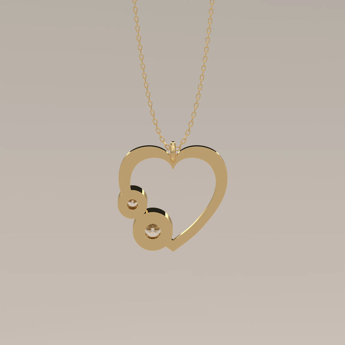 Open Heart Pendant with Two Bezel Round Lab Grown Diamonds in yellow gold, photographed head-on.