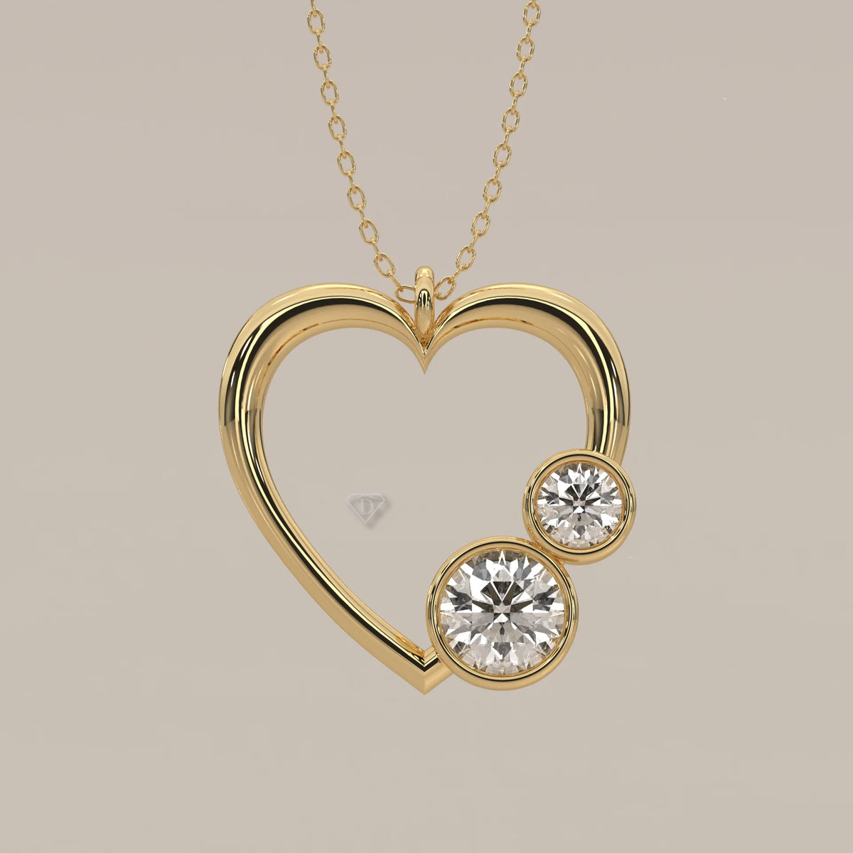 Open Heart Pendant with Two Bezel Round Lab Grown Diamonds in yellow gold, front view on a plain background.