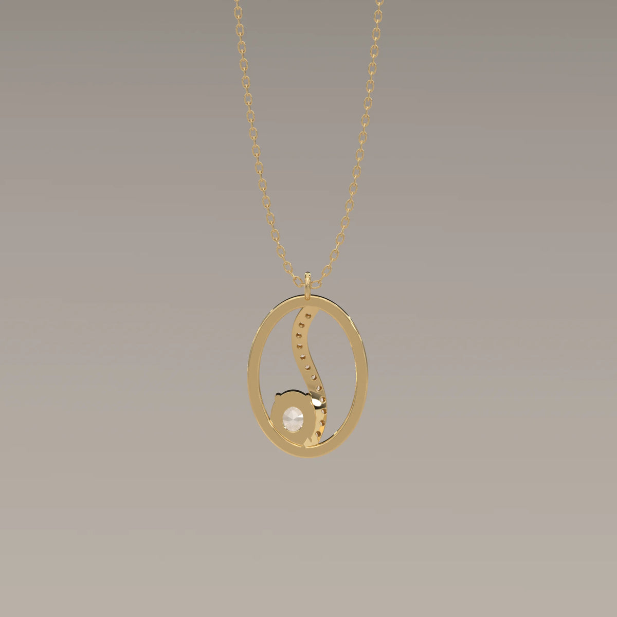 Open Oval Frame Pendant with Pave Swirl and Oval Lab Grown Diamond in yellow gold, photographed head-on.