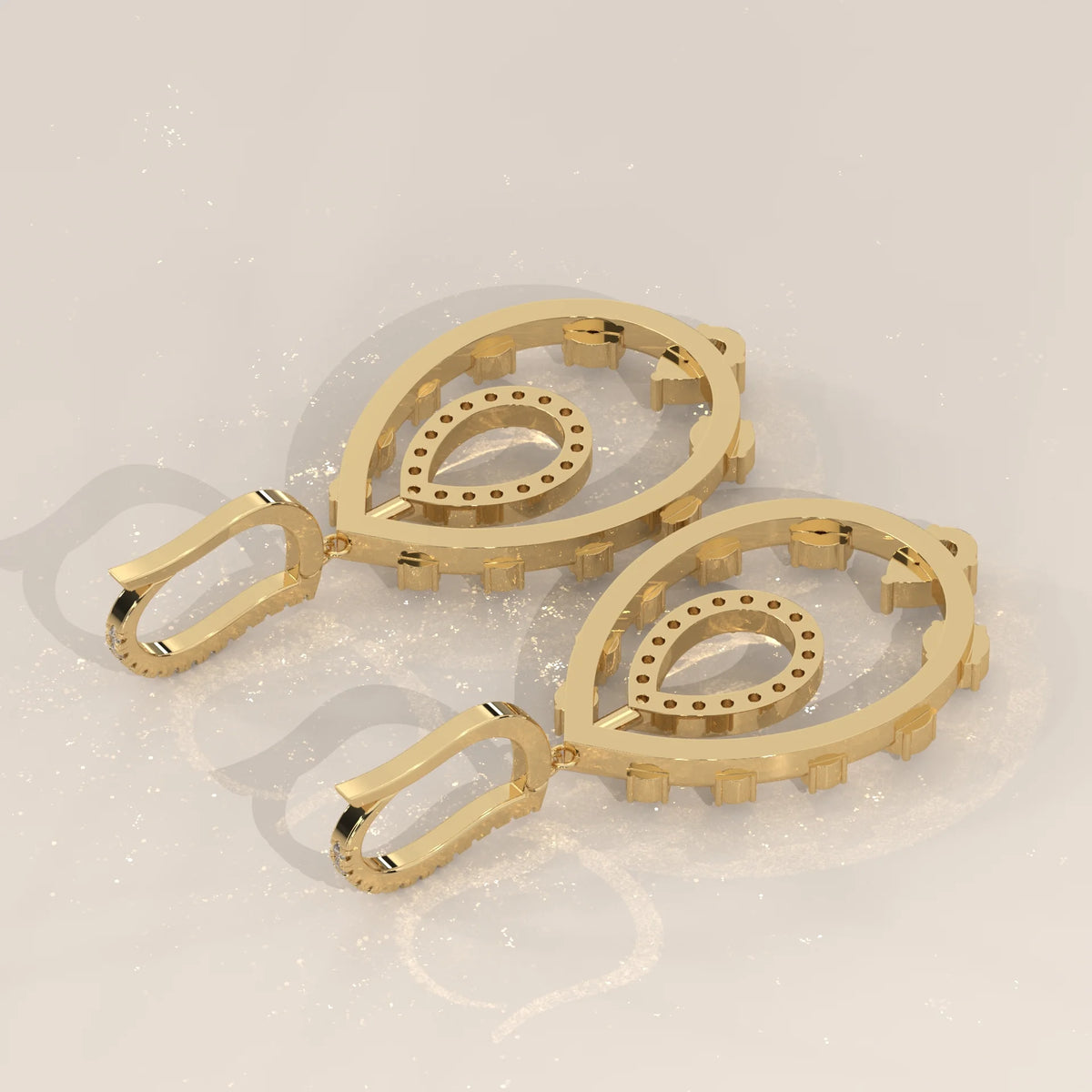 Open Pear Frame Lab Grown Diamond Chandelier Earrings with Pave Top in yellow gold, shown on a plain background.