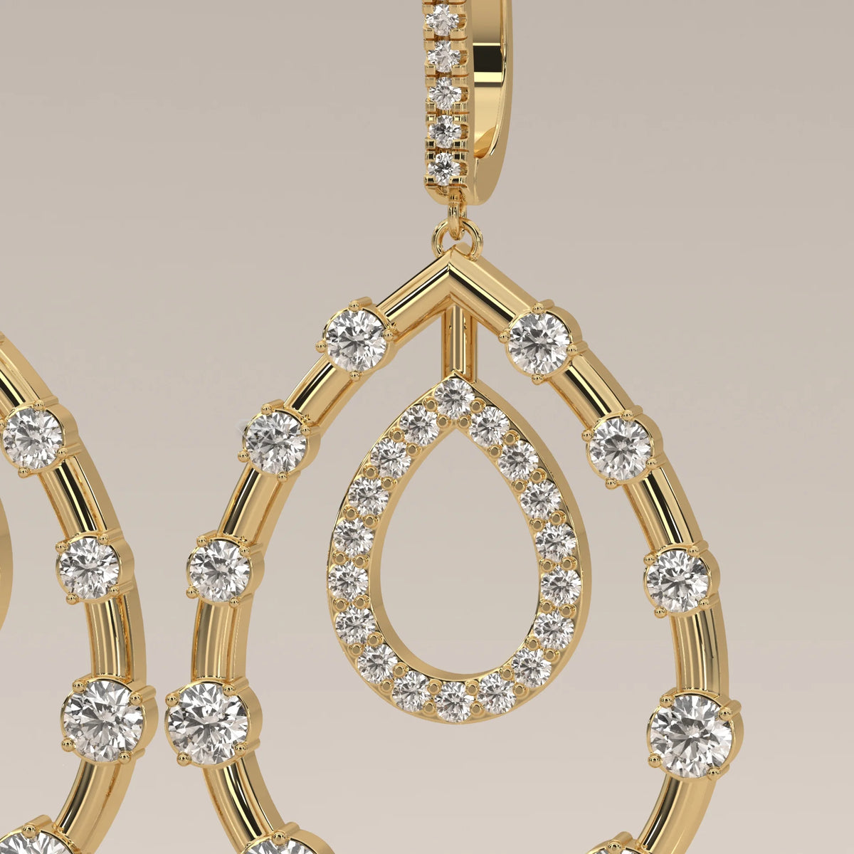 Open Pear Frame Lab Grown Diamond Chandelier Earrings with Pave Top in yellow gold, front view on a plain background.