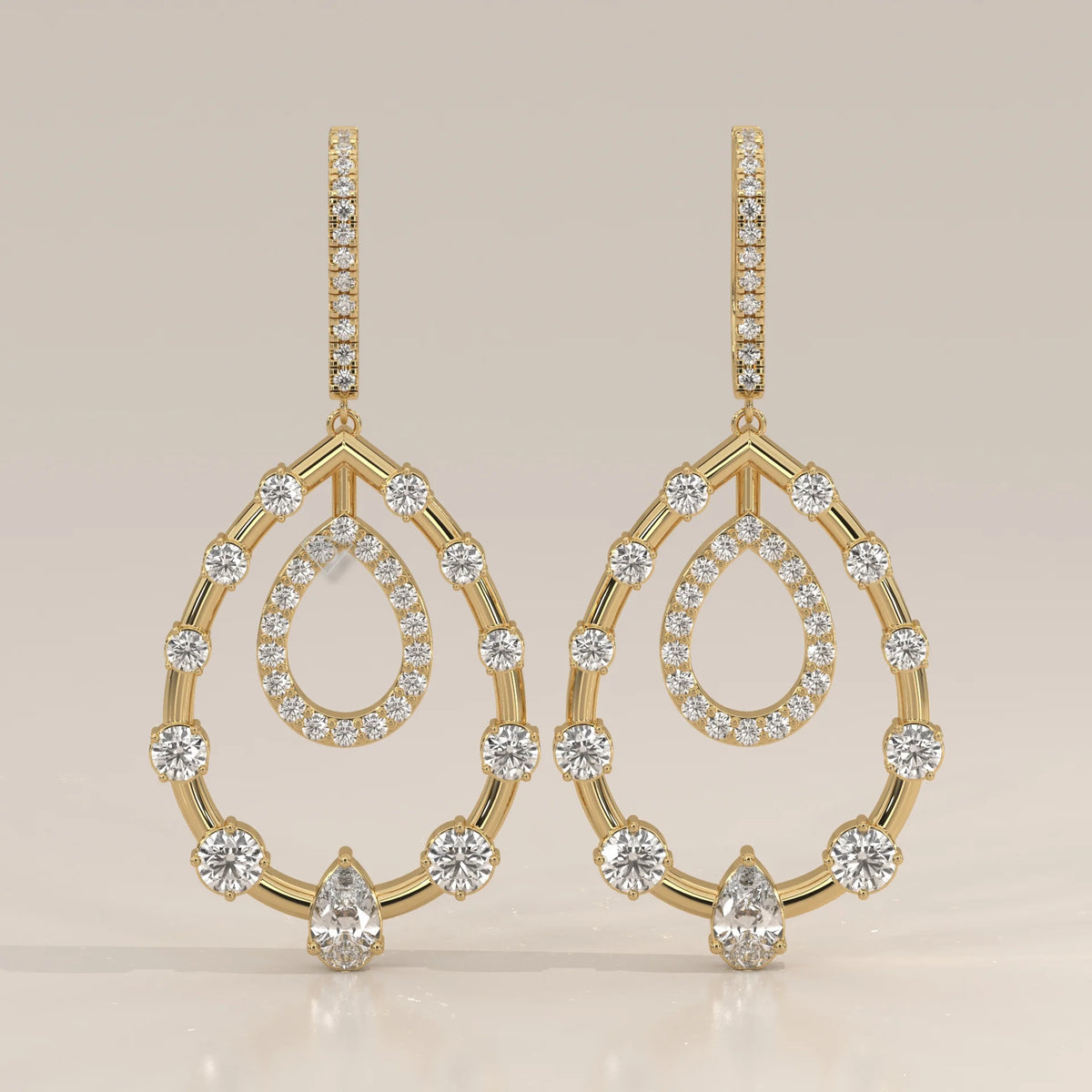 Open Pear Frame Lab Grown Diamond Chandelier Earrings with Pave Top in yellow gold, shown from the front.