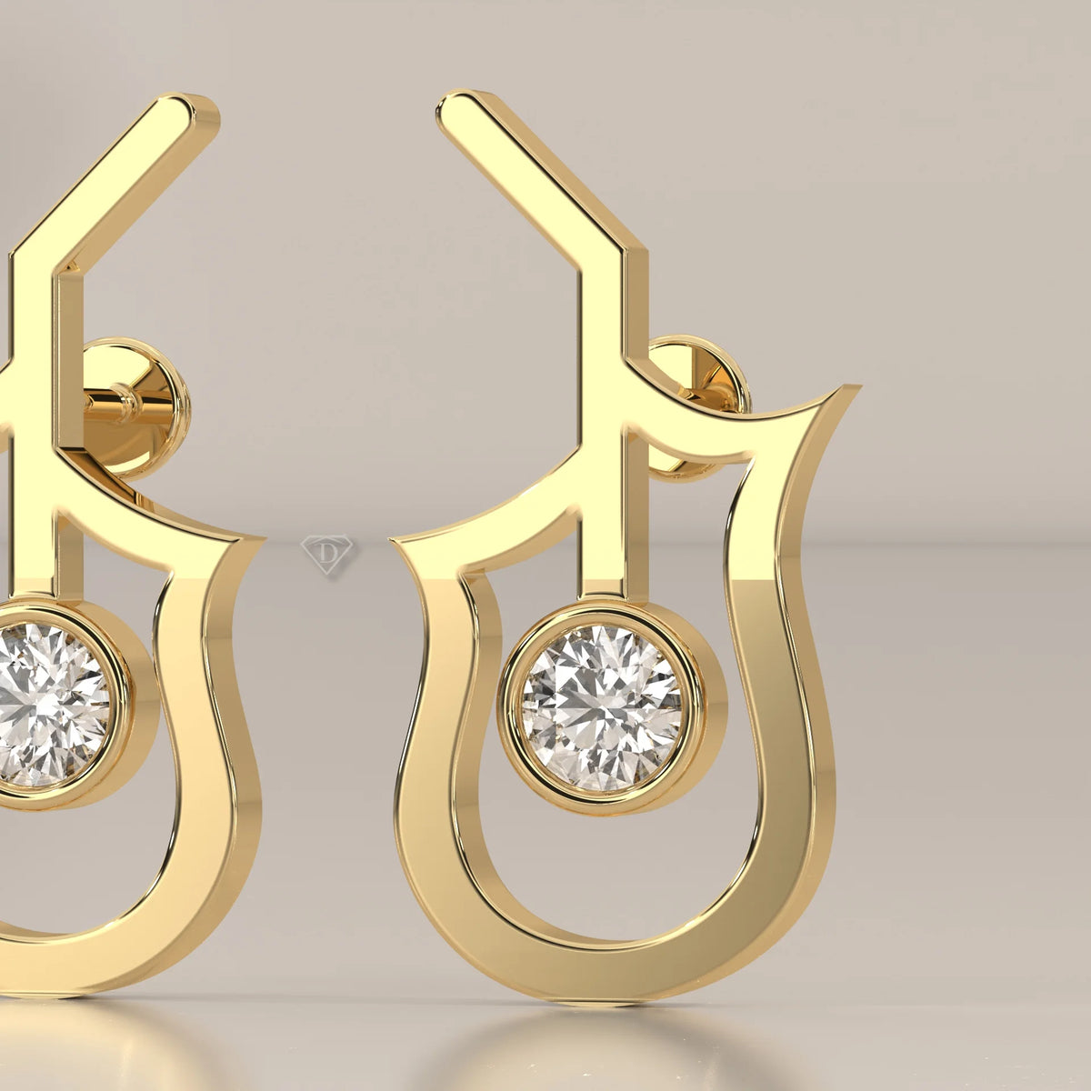 Open Tulip Outline Gold Studs with a Bezel Lab Grown Diamond in yellow gold, front view on a plain background.