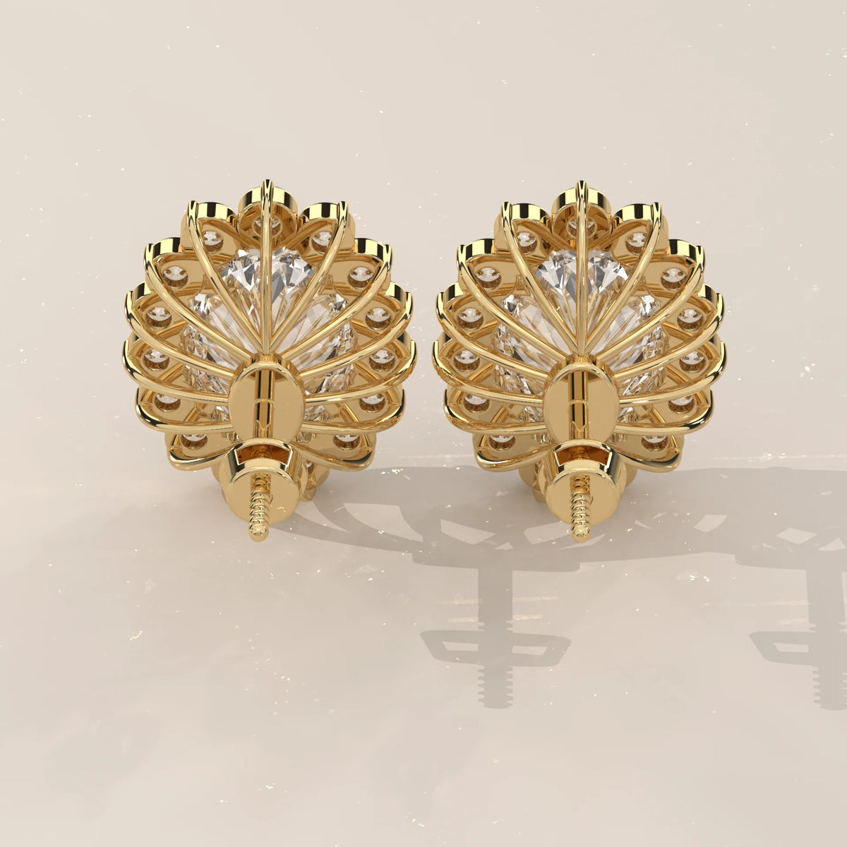 Oval Cluster Lab Grown Diamond Studs with Large Round Surround in yellow gold, front view on a plain background.