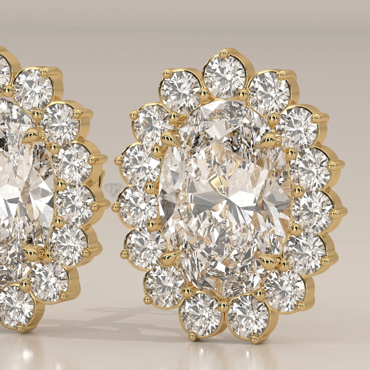 Oval Cluster Lab Grown Diamond Studs with Large Round Surround in yellow gold, shown on a plain background.