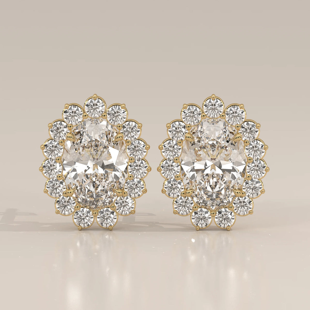 Oval Cluster Lab Grown Diamond Studs with Large Round Surround in yellow gold, shown from the front.
