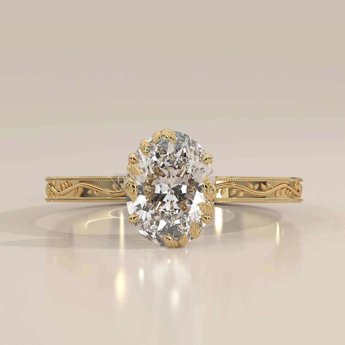 Front View: Oval Diamond Ring with Prong Setting in Yellow Gold – Lab Grown – Driona Jewels