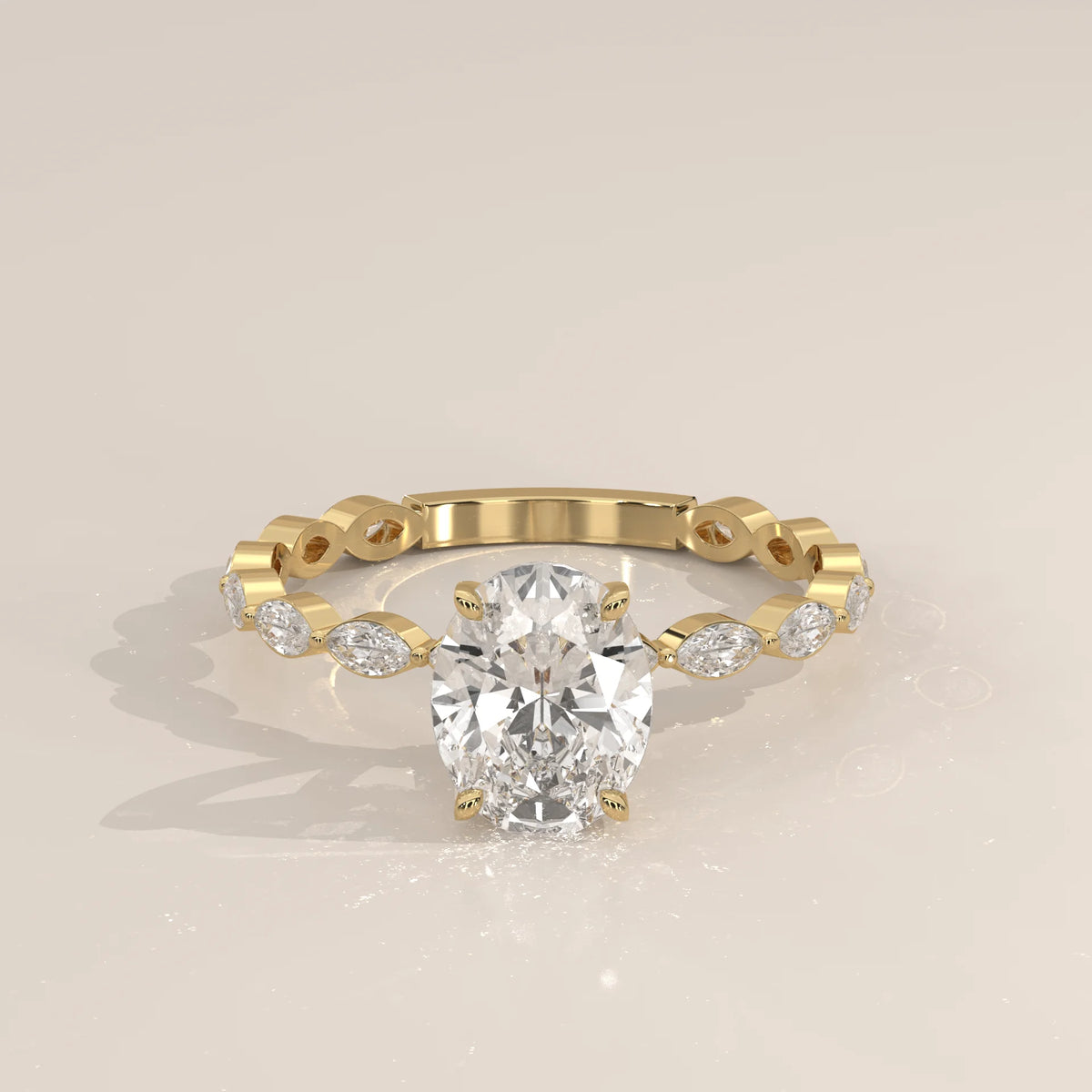 Oval cut diamond engagement ring with marquise accent stones in 14k yellow gold.