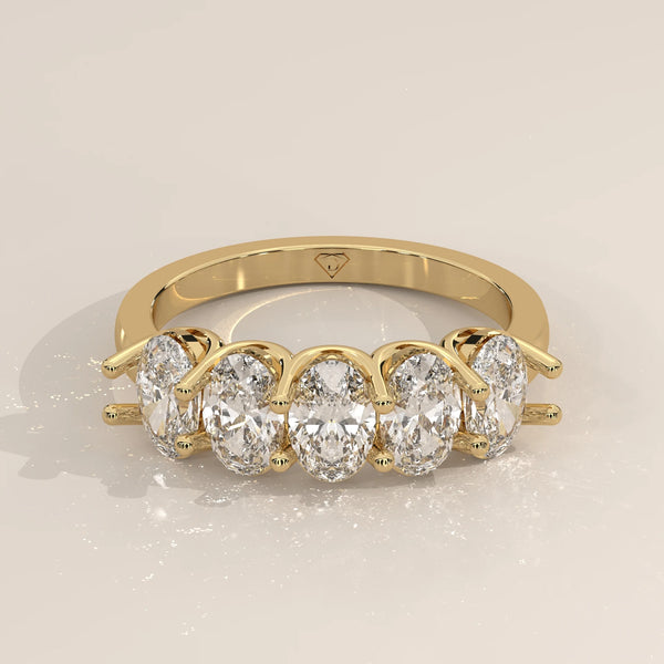 Three-Quarter View: Oval Diamond Band with Shared Prong Setting in Yellow Gold – Lab Grown – Driona Jewels