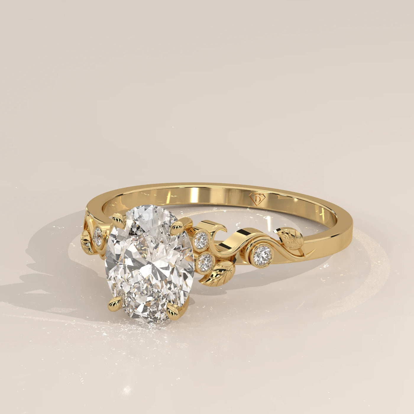 Elegant oval diamond engagement ring with floral accents in yellow gold.