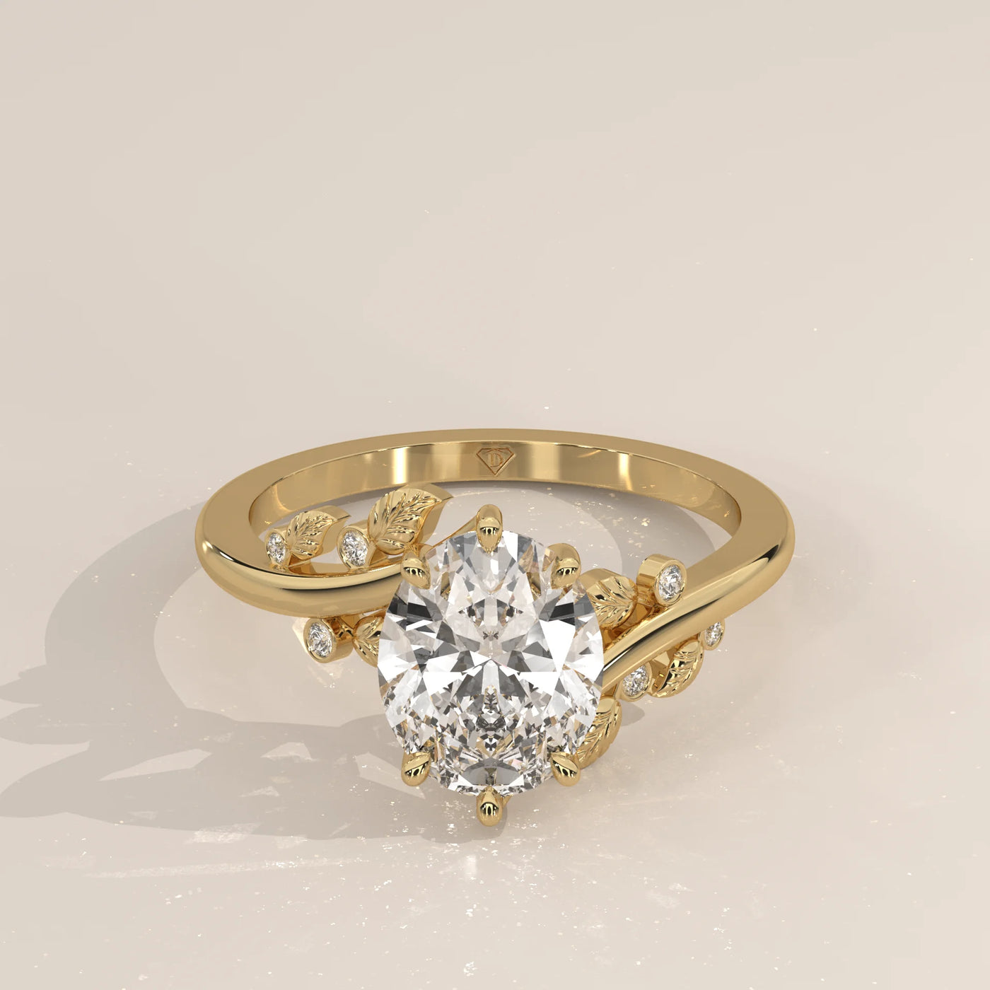 Oval cut diamond engagement ring with accent stones in 14k gold.
