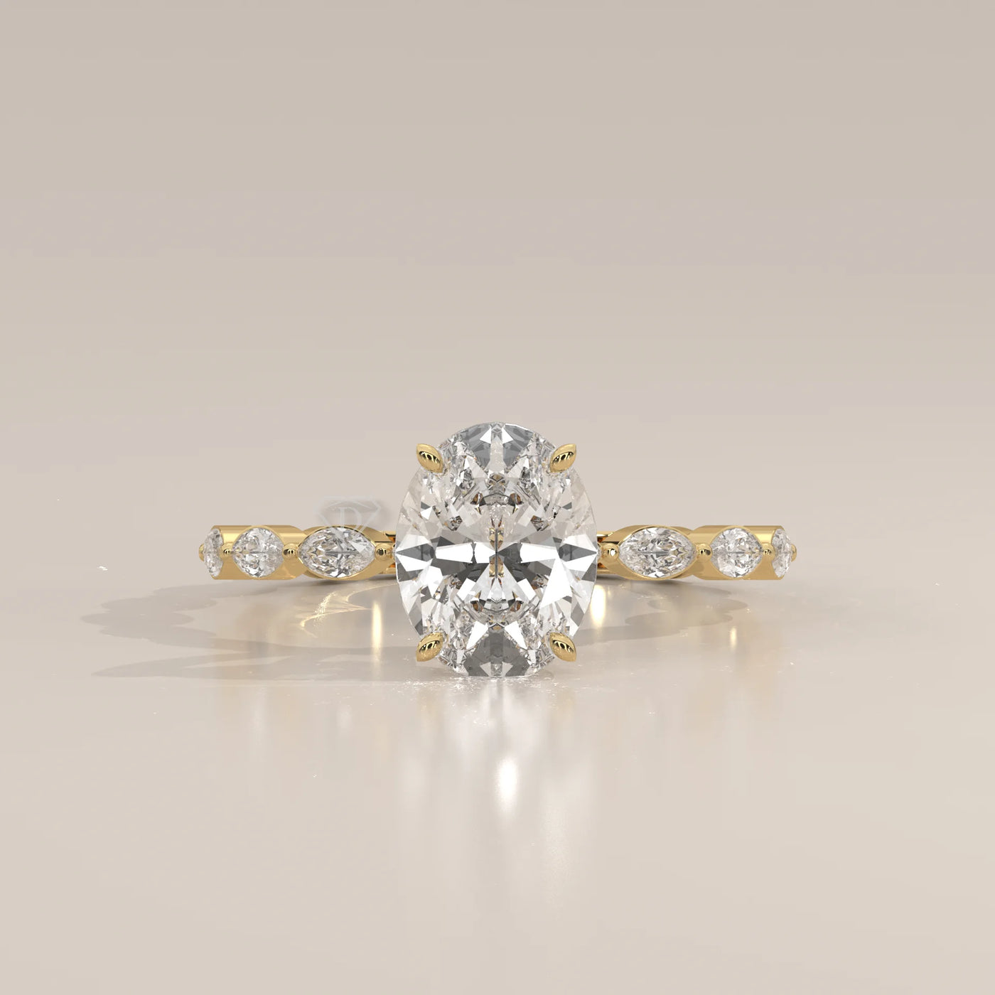 Oval cut diamond engagement ring with accent stones in 14k gold.